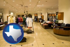 texas map icon and a modern department store